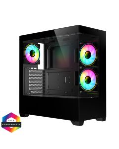 CiT Sense Blk ATX Case, Tempered Glass Front /Sides, 3xDual-Ring fans